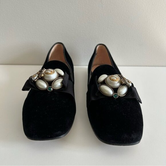 GUCCI Étoile Faux Pearl Embellished Velvelt Black Loafers sz 37 - Picture 6 of 12
